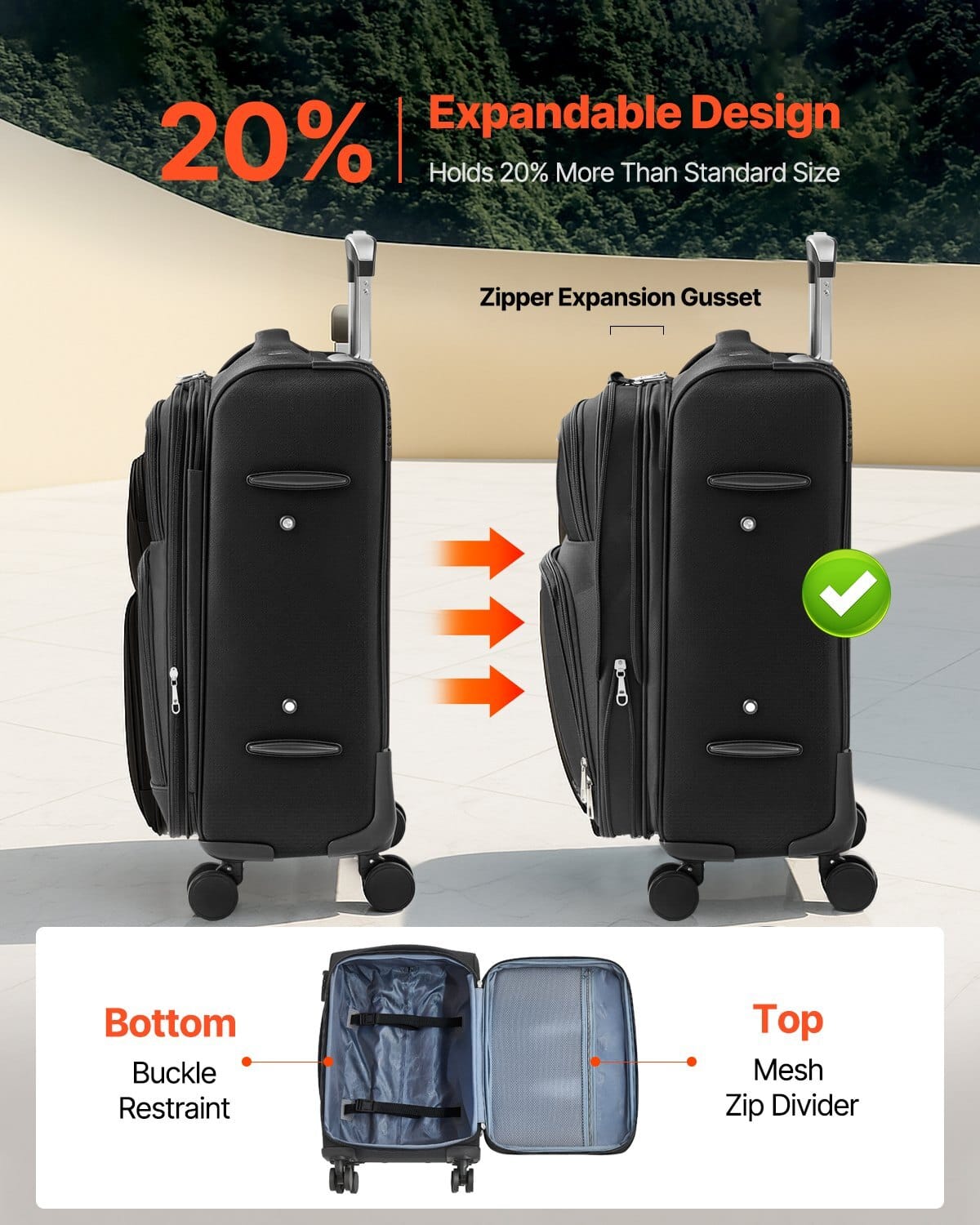 Softside Expandable Luggage with Spinner Wheels, 20-Inch Softside Carry on Luggage, Lightweight Checked Suitcase with Expandable Zippered Pocket and TSA Lock, Black
