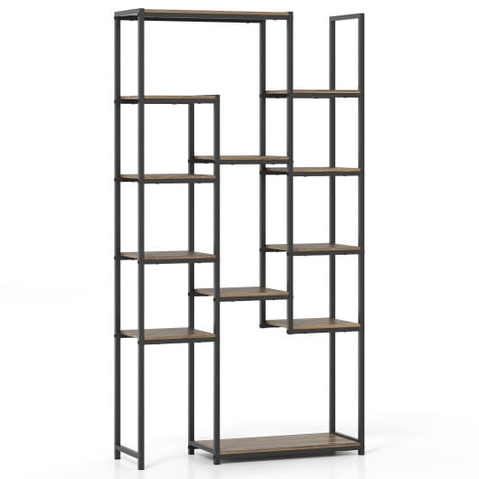71 Inch Tall Vintage Geometric Bookshelf 12 Open Shelves-Walnut