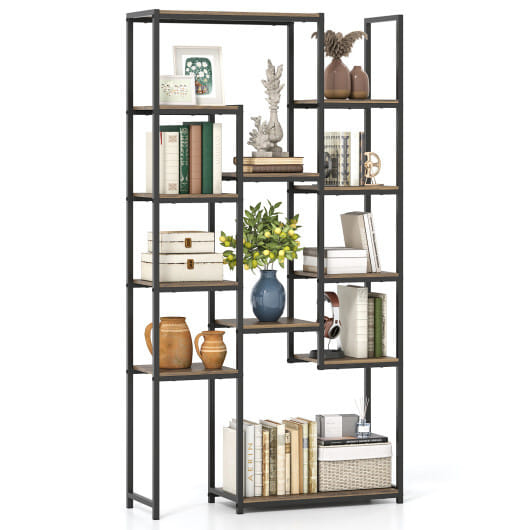 71 Inch Tall Vintage Geometric Bookshelf 12 Open Shelves-Walnut