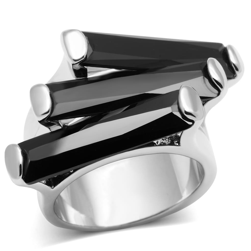 3W247 - Rhodium Brass Ring with AAA Grade CZ in Black Diamond