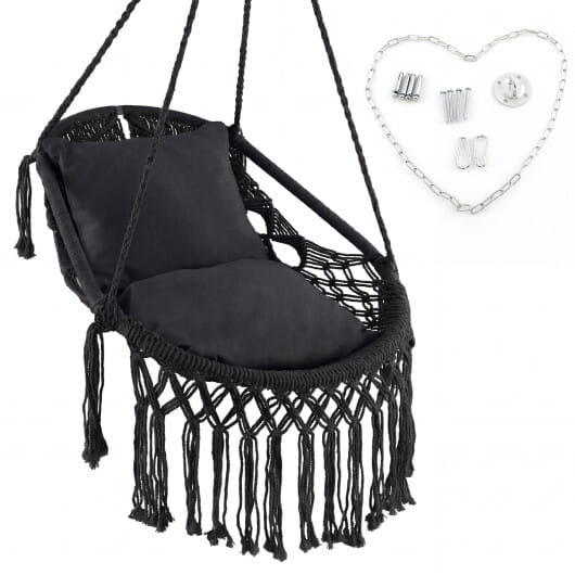 Hanging Hammock Chair with Soft Seat Cushions and Sturdy Rope Chain-Black - Color: Black