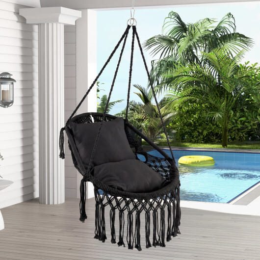 Hanging Hammock Chair with Soft Seat Cushions and Sturdy Rope Chain-Black - Color: Black