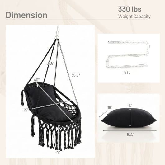 Hanging Hammock Chair with Soft Seat Cushions and Sturdy Rope Chain-Black - Color: Black