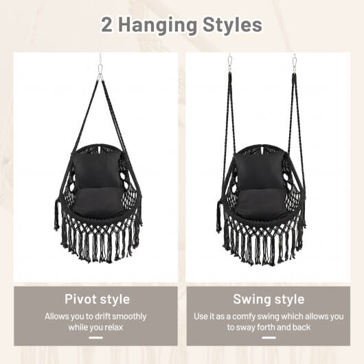 Hanging Hammock Chair with Soft Seat Cushions and Sturdy Rope Chain-Black - Color: Black