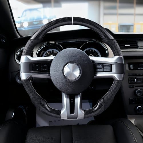Steering Wheel for 2010-2014 Ford Mustang, Carbon Fiber Steering Wheel D-Shaped Flat-Bottom, Leather Grip with Non-Slip Texture & Precise Stitching, Accessories Replacement for Mustang, Black
