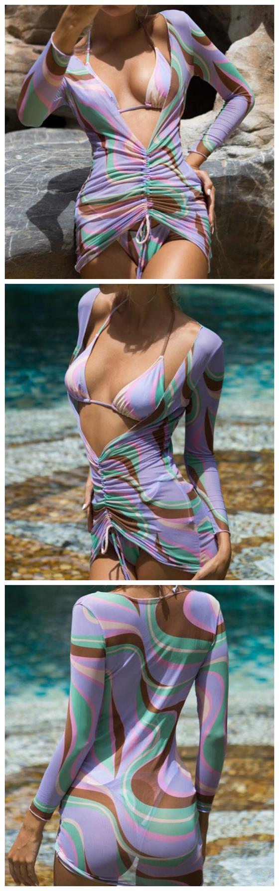 Romantic Purple Print Bikini Sunscreen Split Three-pieces Swimsuit