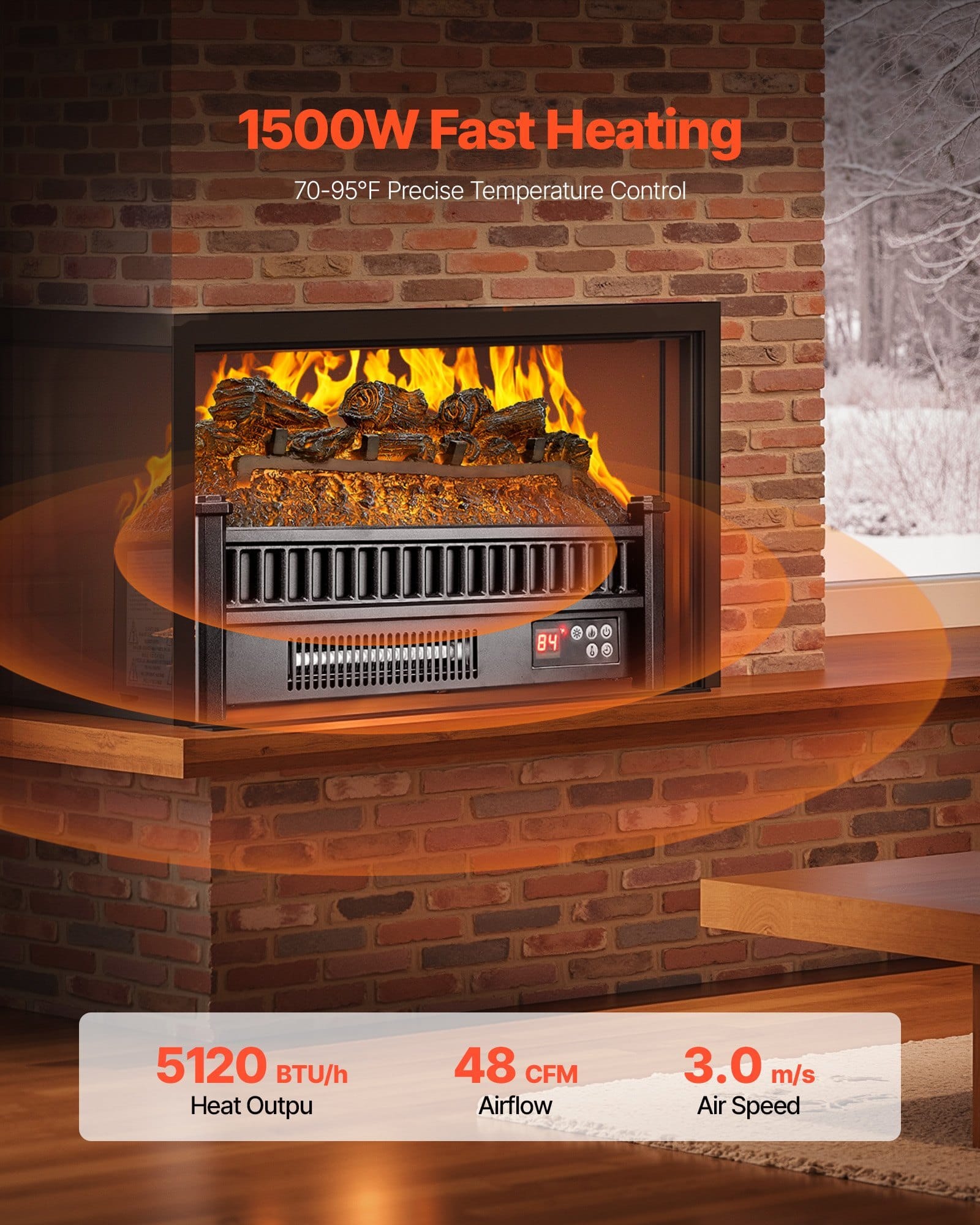 Electric Fireplace Log, 20 inch Fireplace Insert Log Heater, with Remote Controller, 5 Adjustable Flame Brightness, 24H Timer, Overheat Protection, Thermostat, for Home and Office Decor Black
