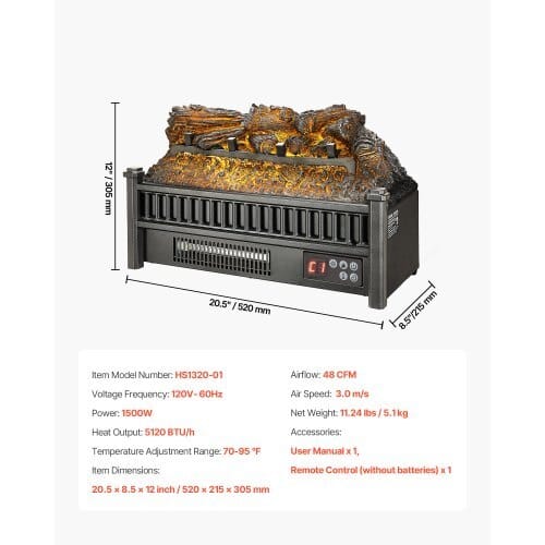 Electric Fireplace Log, 20 inch Fireplace Insert Log Heater, with Remote Controller, 5 Adjustable Flame Brightness, 24H Timer, Overheat Protection, Thermostat, for Home and Office Decor Black