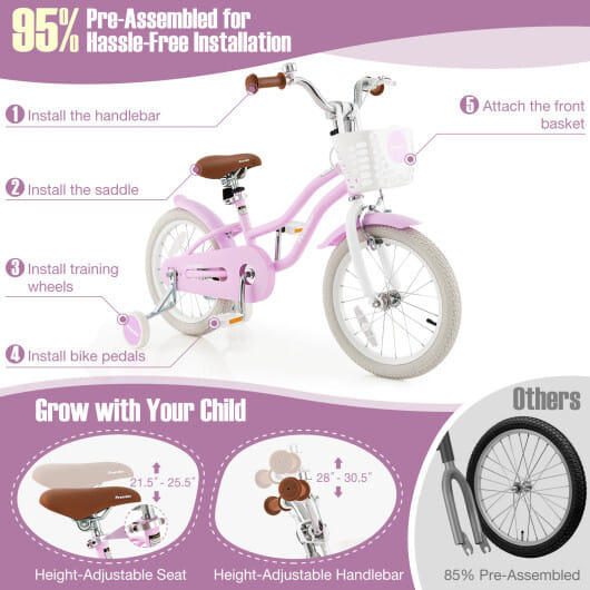 Costway 16'' Kids Bike Toddler Adjustable Bicycle with Training Wheel for 4-7 Years Old Purple - Color: Purple - Size: 16 inches