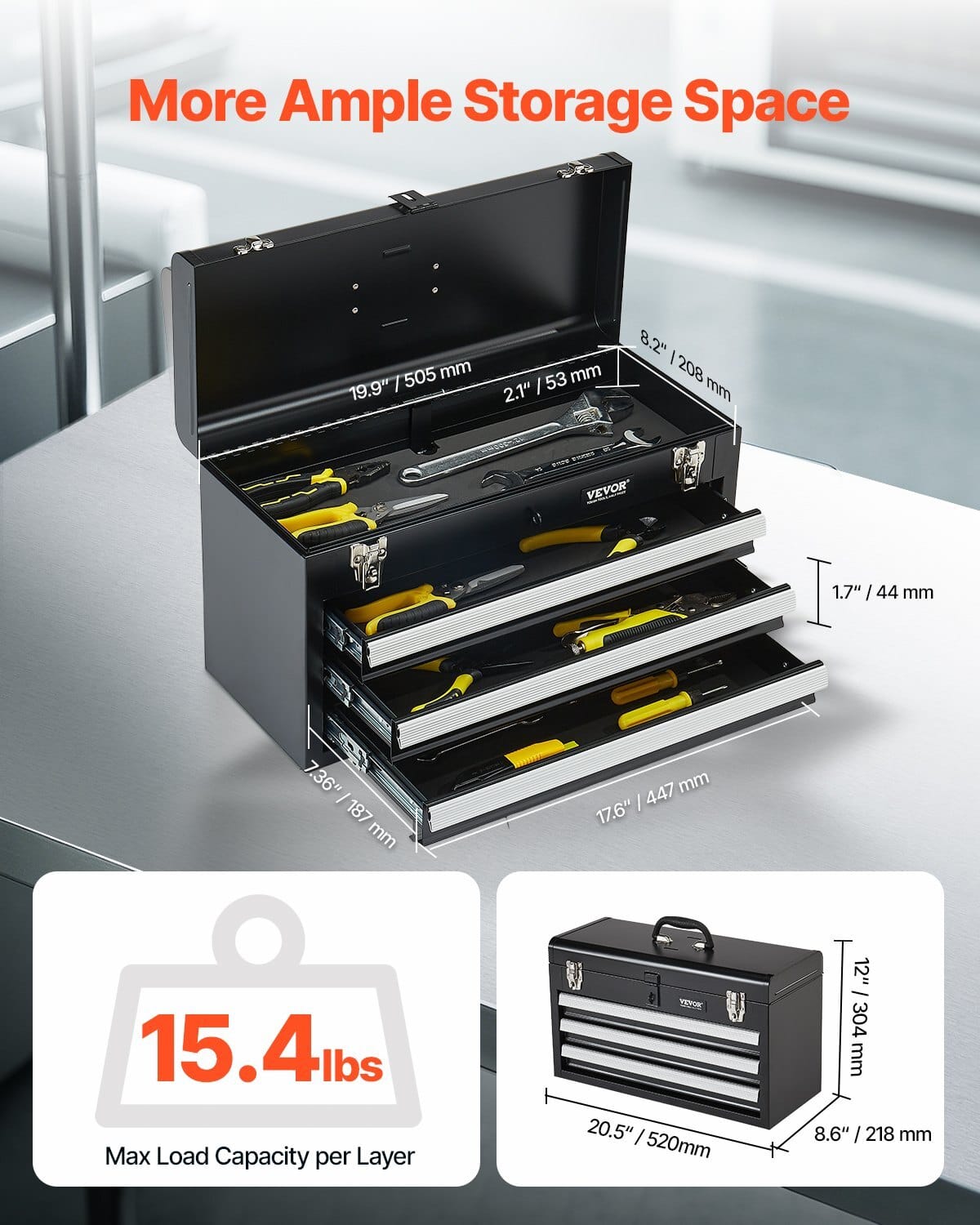 Metal Tool Box, 20.5-inch, Portable Metal Tool Box with 3 Drawers, Small Tool Chest with EVA Liners, Ball Bearing Slide Drawers Locking & Powder Coated Finish, Multi-Function Tool Organizer