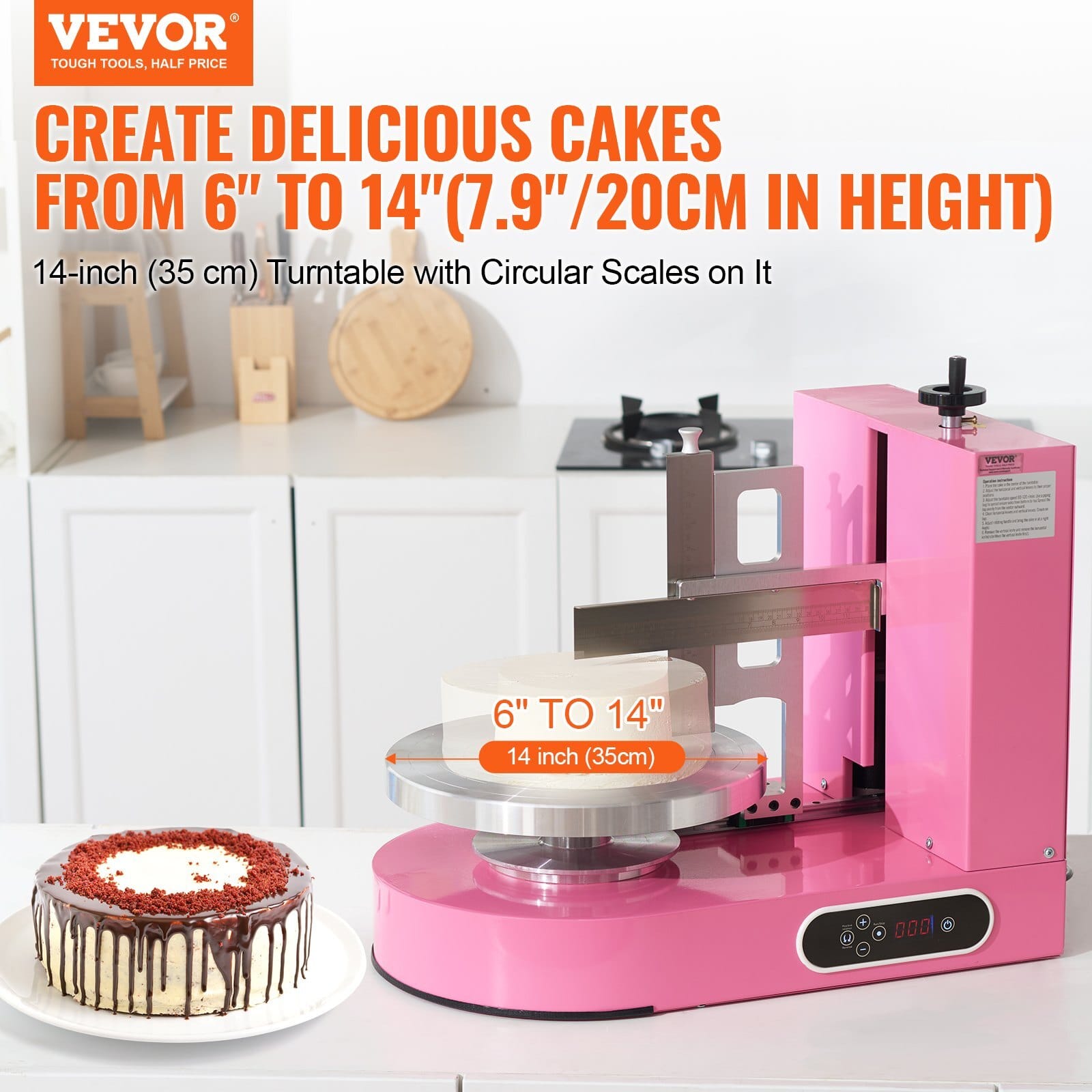 Cake Decorating Machine, Cake Cream Spreading Coating Smearing Machine, Low Noise Cake Frosting Machine, Turntable with Adjustable Scraper, for 6" to 14" Cake, 25-320RPM Rotating Speed, Pink