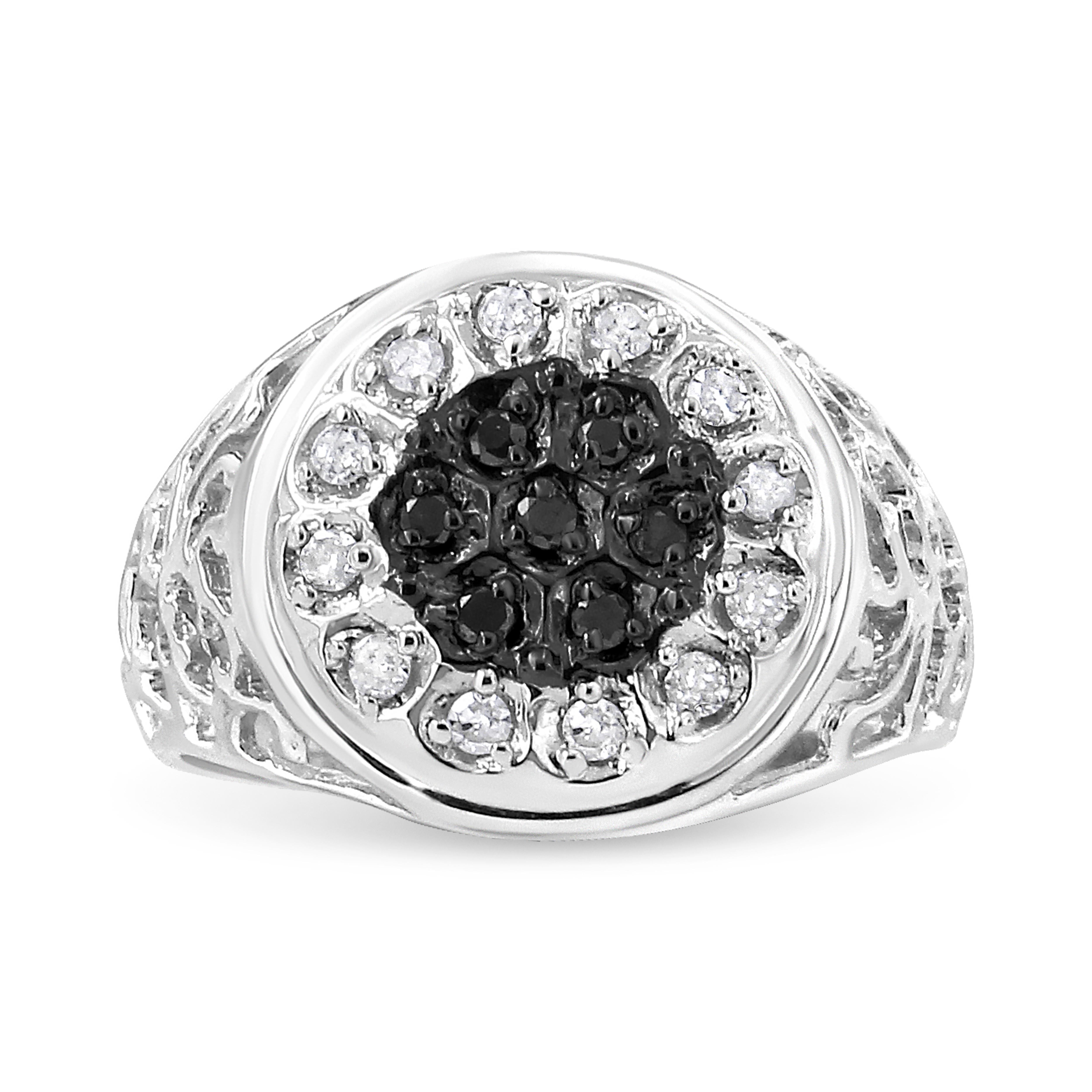 .925 Sterling Silver 1/4 Cttw White and Black Treated Diamond Halo Cluster Ring for Men (I-J Color, I3 Clarity) - Size 11
