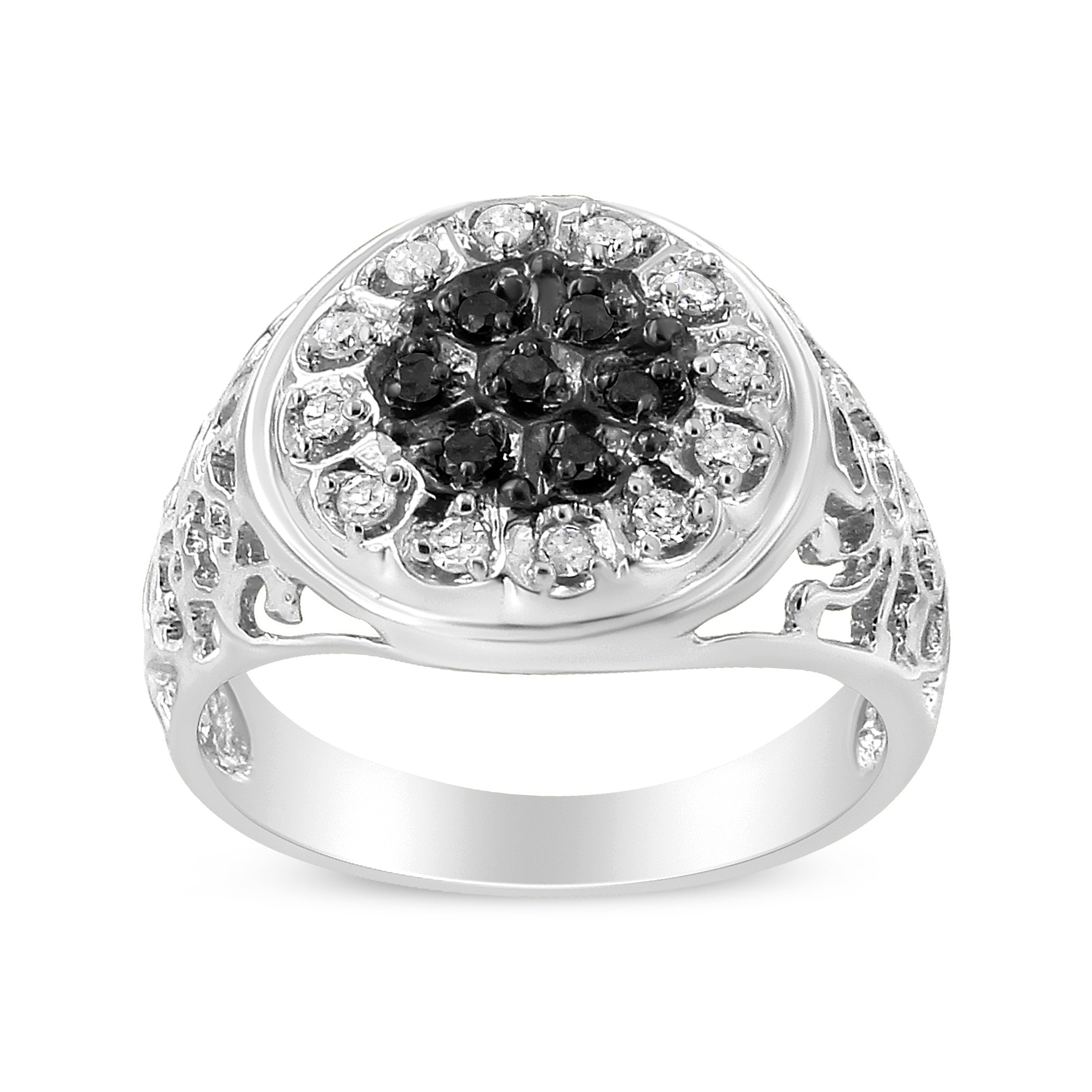 .925 Sterling Silver 1/4 Cttw White and Black Treated Diamond Halo Cluster Ring for Men (I-J Color, I3 Clarity) - Size 11