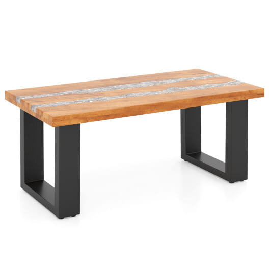 Teak Wood Patio Table with River Feel Epoxy Tabletop - Color: Natural
