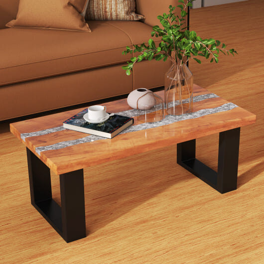 Teak Wood Patio Table with River Feel Epoxy Tabletop - Color: Natural