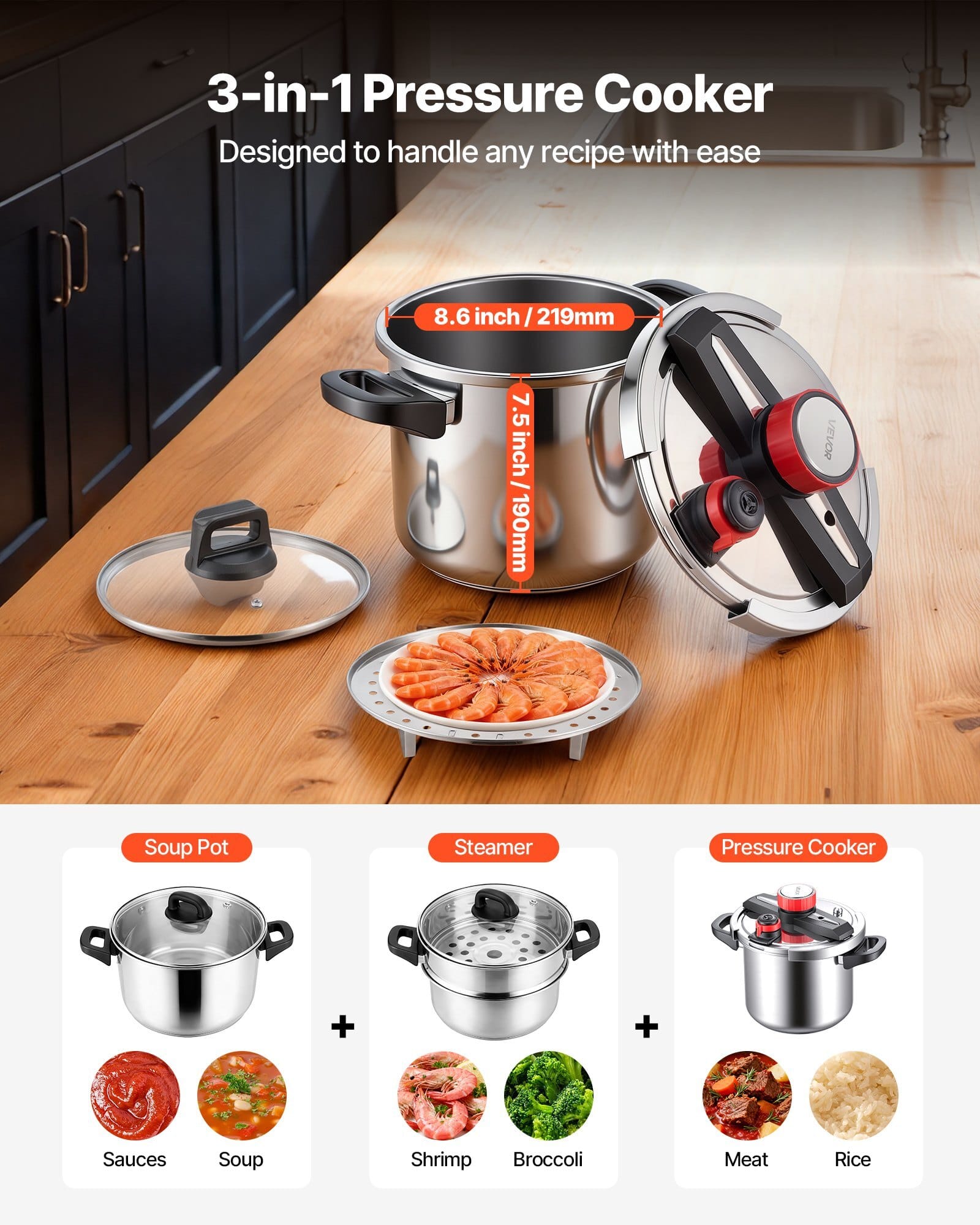 Pressure Cooker, 8Qt Pressure Cooker Stainless Steel, Pressures Canner with Steaming Rack, Tempered Glass Lid, Three Pressures Settings for Meat, Beans, Rice, Soup, Sauces, Cook up to 100 kPa