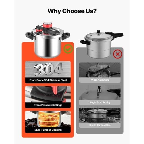 Pressure Cooker, 8Qt Pressure Cooker Stainless Steel, Pressures Canner with Steaming Rack, Tempered Glass Lid, Three Pressures Settings for Meat, Beans, Rice, Soup, Sauces, Cook up to 100 kPa