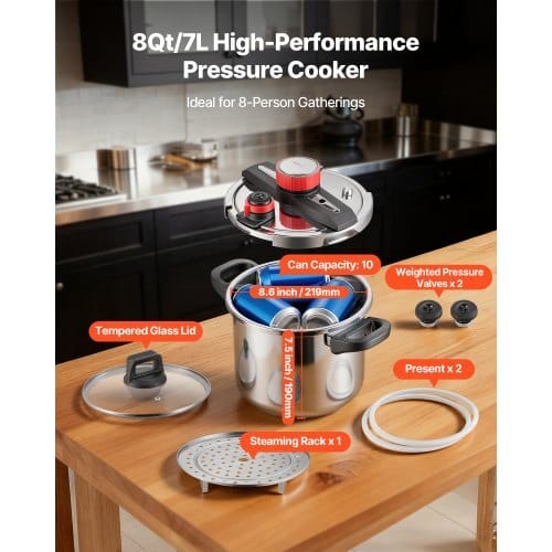 Pressure Cooker, 8Qt Pressure Cooker Stainless Steel, Pressures Canner with Steaming Rack, Tempered Glass Lid, Three Pressures Settings for Meat, Beans, Rice, Soup, Sauces, Cook up to 100 kPa