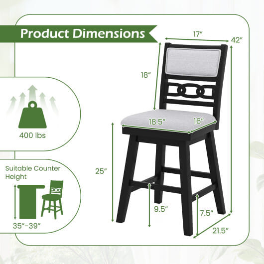 25 Inch Bar Stools Set of 2 with Upholstered Backrest and 360?° Rotation Seat-Black - Color: Black