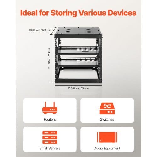 10U Open Frame Network Rack, 23 in Depth, Wall Mounted or Floor Standing Server Rack, Heavy Duty 4 Post, with Vented Shelves & Mounting Hardware, Holds All Your Networking IT Equipment AV Gear