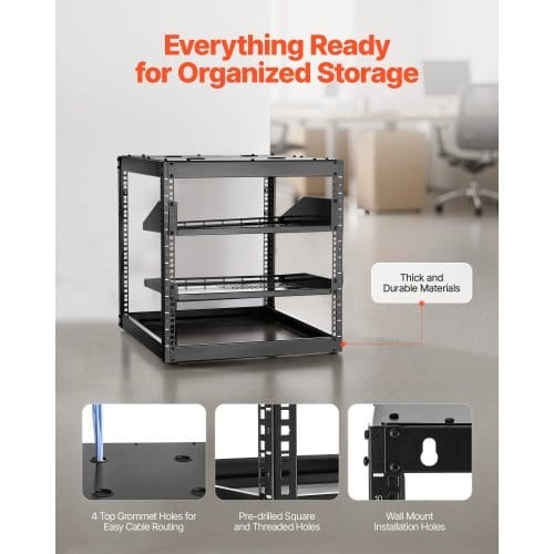 10U Open Frame Network Rack, 23 in Depth, Wall Mounted or Floor Standing Server Rack, Heavy Duty 4 Post, with Vented Shelves & Mounting Hardware, Holds All Your Networking IT Equipment AV Gear