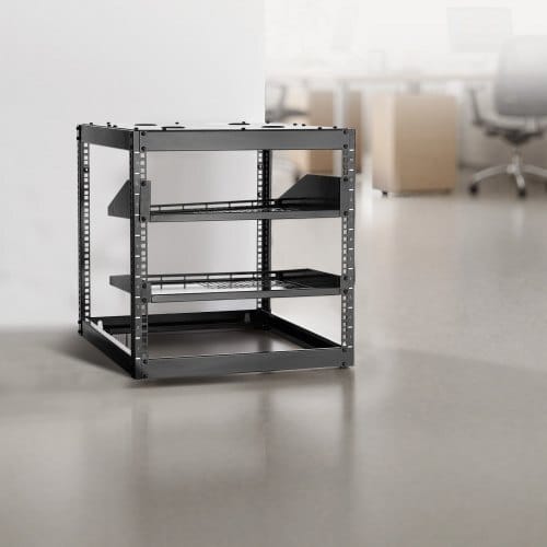 10U Open Frame Network Rack, 23 in Depth, Wall Mounted or Floor Standing Server Rack, Heavy Duty 4 Post, with Vented Shelves & Mounting Hardware, Holds All Your Networking IT Equipment AV Gear