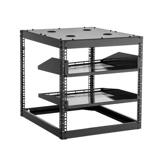 10U Open Frame Network Rack, 23 in Depth, Wall Mounted or Floor Standing Server Rack, Heavy Duty 4 Post, with Vented Shelves & Mounting Hardware, Holds All Your Networking IT Equipment AV Gear