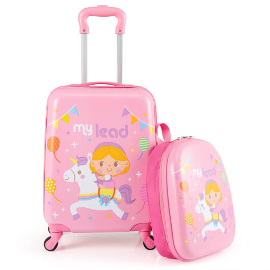 2 PCS Kid Luggage Set With Spinner Wheels for Children Boys Girls-Pink - Color: Pink
