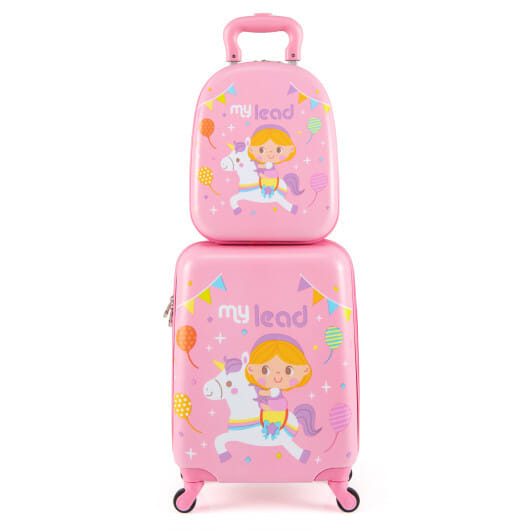 2 PCS Kid Luggage Set With Spinner Wheels for Children Boys Girls-Pink - Color: Pink