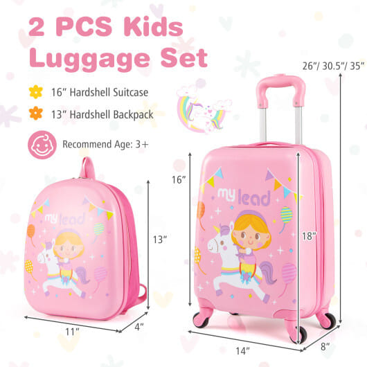 2 PCS Kid Luggage Set With Spinner Wheels for Children Boys Girls-Pink - Color: Pink
