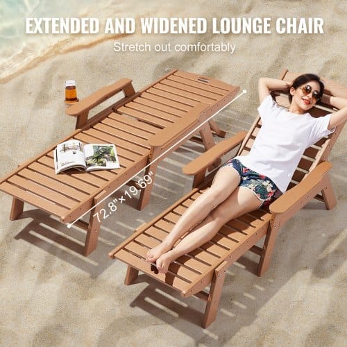 Chaise Lounge Chair, 400 lbs Weight Capacity, 6 Positions Adjustable Patio Lounge Chair, Outdoor HDPE Lounge Chair with Backrest & Cup Holder, for Pool Poolside Deck Backyard Lawn, Brown