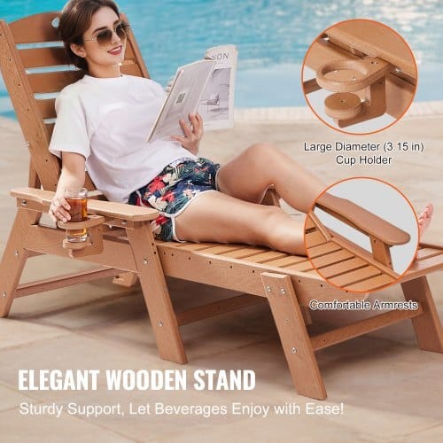 Chaise Lounge Chair, 400 lbs Weight Capacity, 6 Positions Adjustable Patio Lounge Chair, Outdoor HDPE Lounge Chair with Backrest & Cup Holder, for Pool Poolside Deck Backyard Lawn, Brown