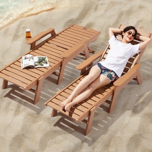 Chaise Lounge Chair, 400 lbs Weight Capacity, 6 Positions Adjustable Patio Lounge Chair, Outdoor HDPE Lounge Chair with Backrest & Cup Holder, for Pool Poolside Deck Backyard Lawn, Brown
