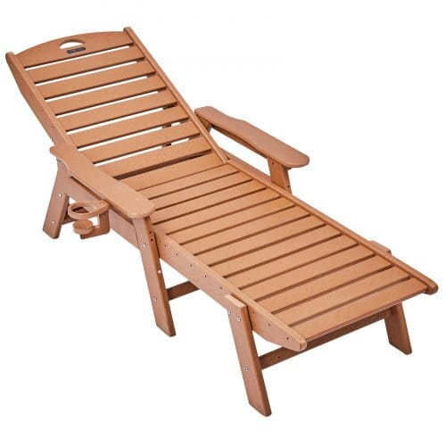 Chaise Lounge Chair, 400 lbs Weight Capacity, 6 Positions Adjustable Patio Lounge Chair, Outdoor HDPE Lounge Chair with Backrest & Cup Holder, for Pool Poolside Deck Backyard Lawn, Brown
