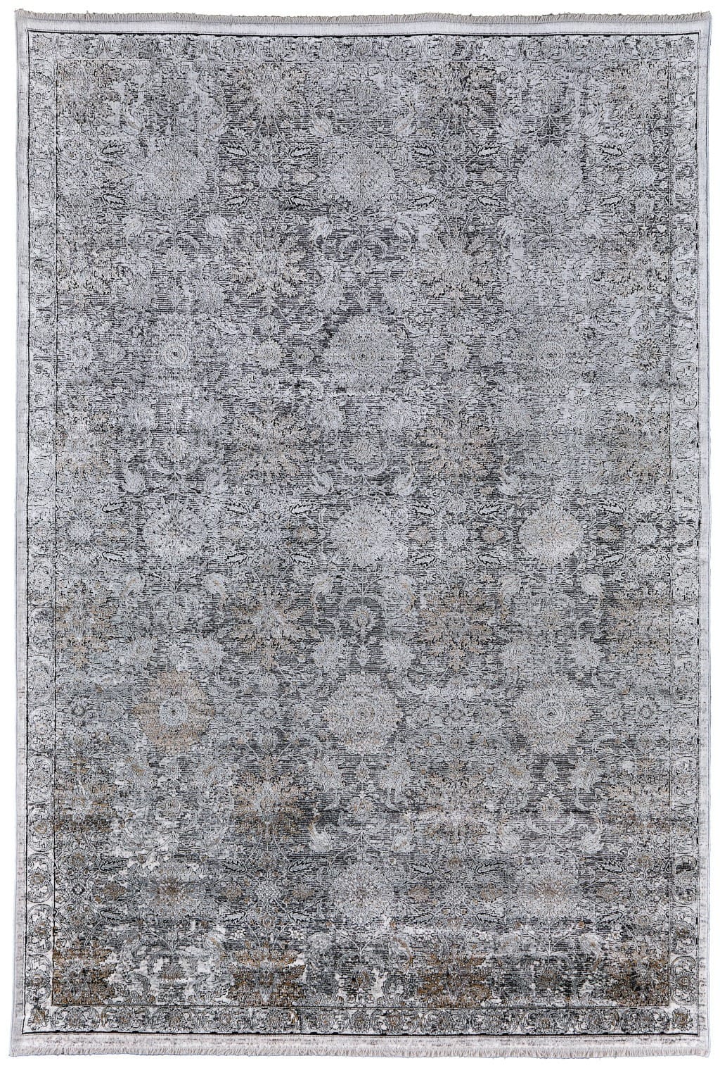 2' X 3' Gray and Silver Damask Power Loom Worn Faded Area Rug