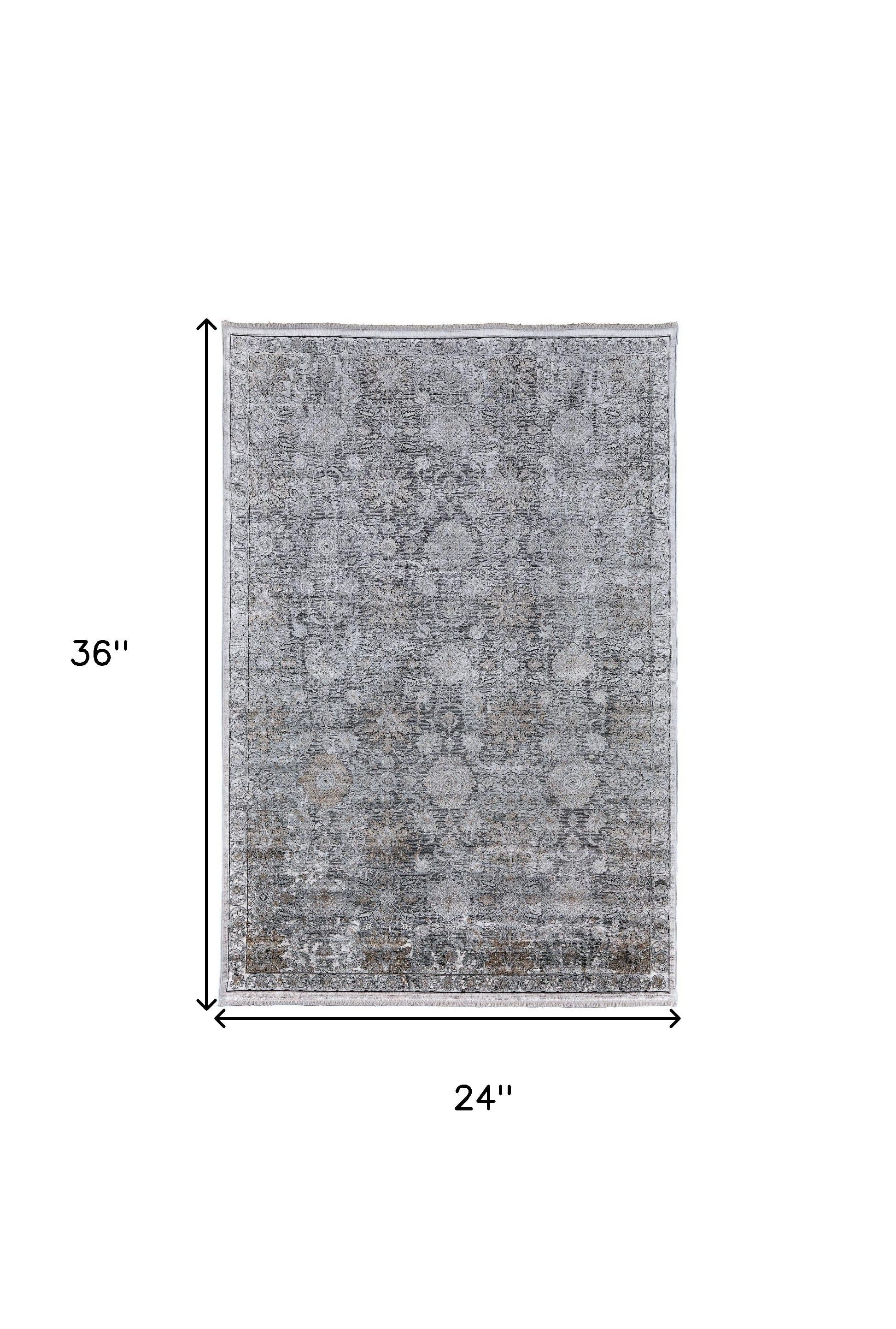 2' X 3' Gray and Silver Damask Power Loom Worn Faded Area Rug
