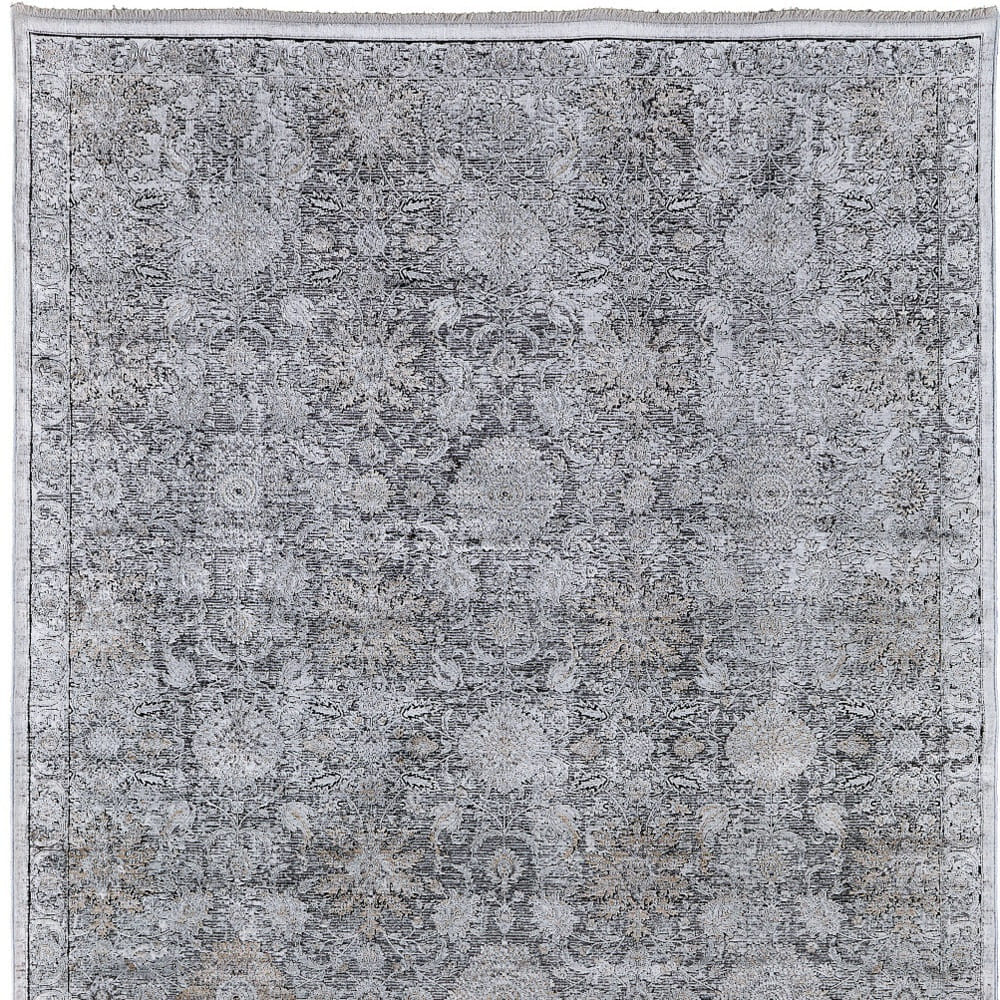 2' X 3' Gray and Silver Damask Power Loom Worn Faded Area Rug
