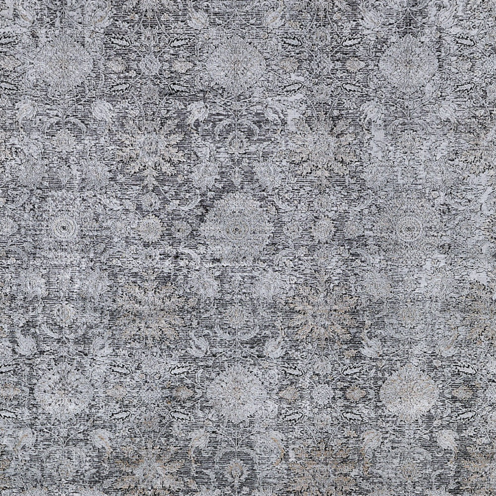 2' X 3' Gray and Silver Damask Power Loom Worn Faded Area Rug