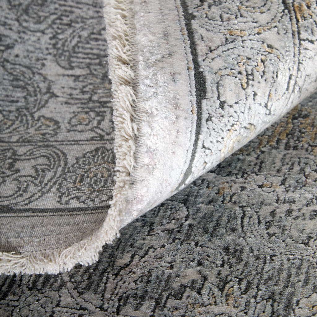 2' X 3' Gray and Silver Damask Power Loom Worn Faded Area Rug