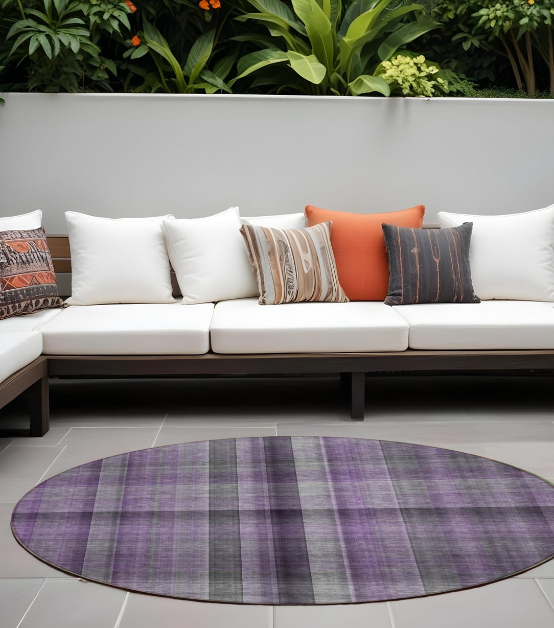8' Round Purple Round Plaid Washable Non Skid Indoor Outdoor Area Rug