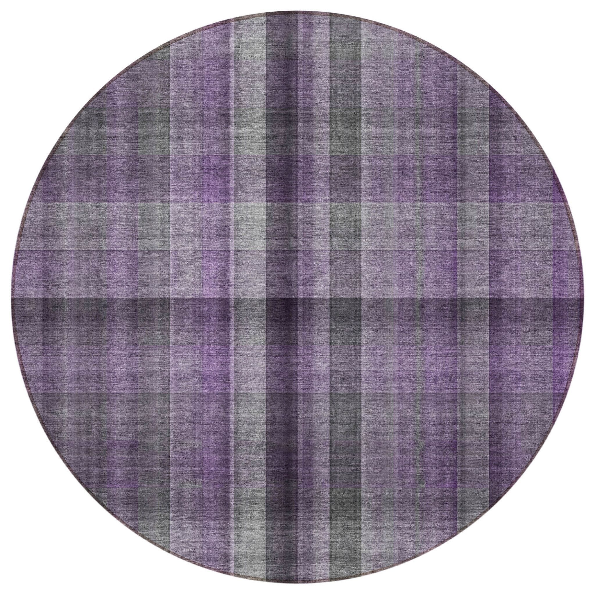 8' Round Purple Round Plaid Washable Non Skid Indoor Outdoor Area Rug