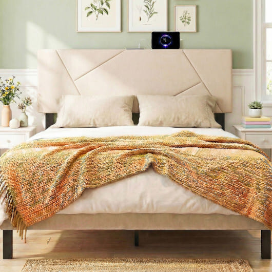 Headboard for Full Size Bed and Queen Geometric Upholstered Head Board-Beige - Color: Beige