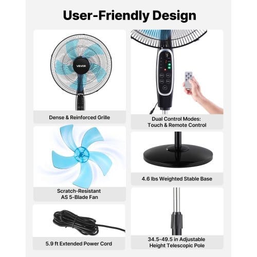 18-Inch Pedestal Fan, 2700 CFM Standing Floor Fan with Remote Control, 9 Speeds & 3 Modes, Oscillating Adjustable Height, Quiet DC Motor 5-Blade for Home, Bedroom, Garage, Workshop, Black