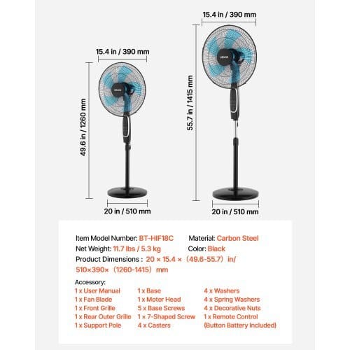 18-Inch Pedestal Fan, 2700 CFM Standing Floor Fan with Remote Control, 9 Speeds & 3 Modes, Oscillating Adjustable Height, Quiet DC Motor 5-Blade for Home, Bedroom, Garage, Workshop, Black