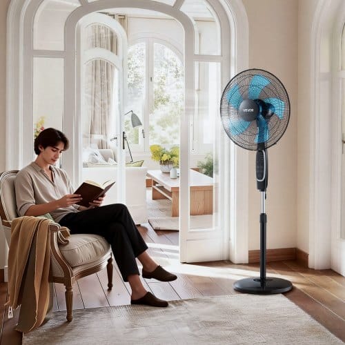 18-Inch Pedestal Fan, 2700 CFM Standing Floor Fan with Remote Control, 9 Speeds & 3 Modes, Oscillating Adjustable Height, Quiet DC Motor 5-Blade for Home, Bedroom, Garage, Workshop, Black
