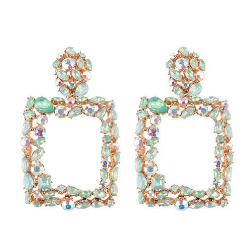 Rhinestone Embellished Square Fashion Costume Statement Earrings - Green