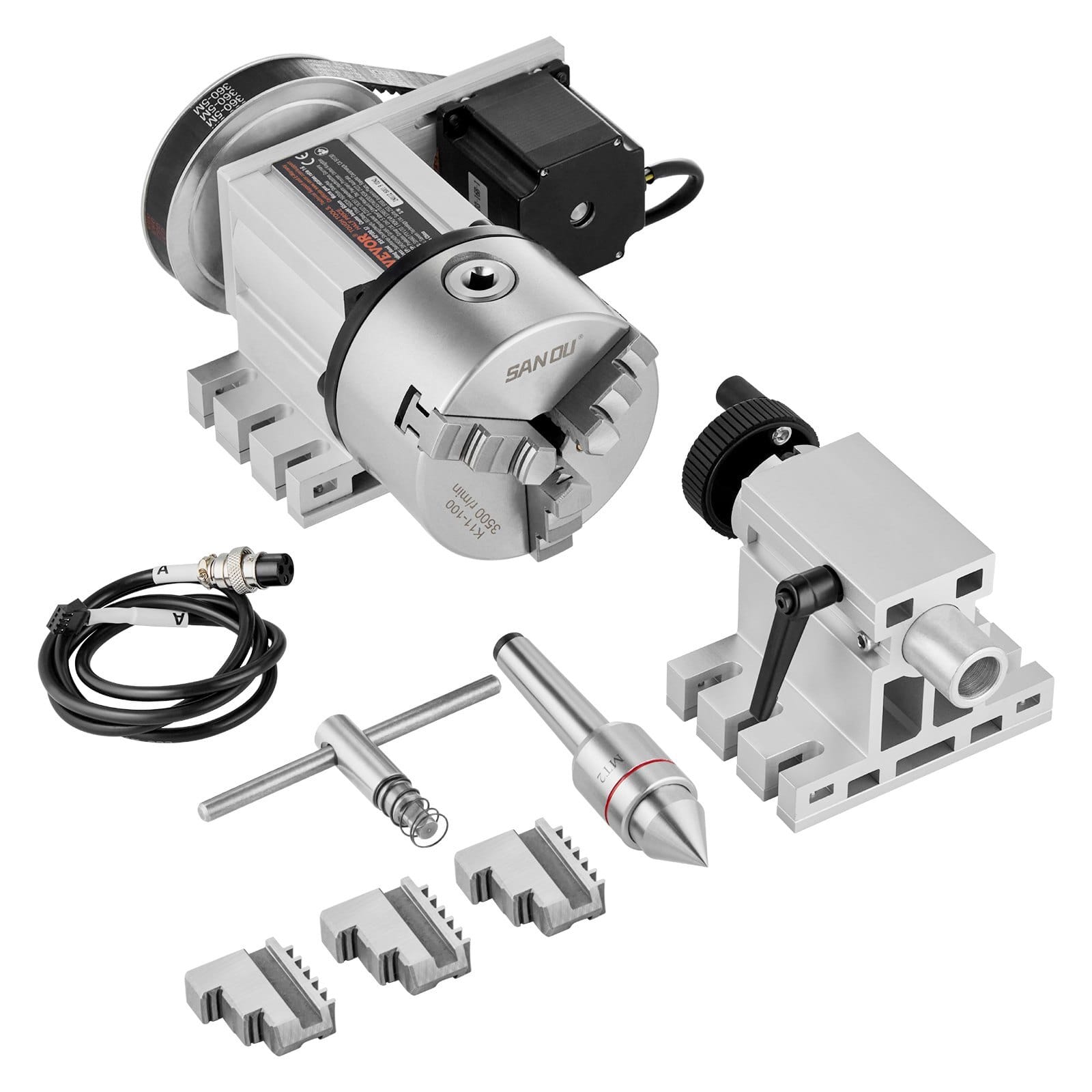 Dividing Head, K11-100mm 3-Jaw Chuck, CNC Router Milling Machine Rotational Axis 4th Axis A Axis Indexing Head, 2.6"/65 mm Center Height MT2 Tailstock 6:1 Gear Ratio, Universal for Engraving