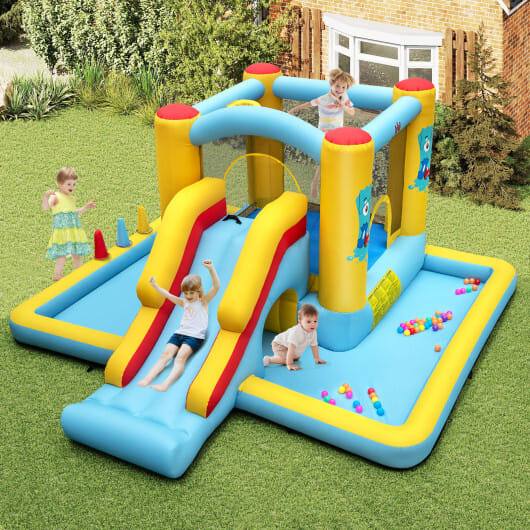 Costway Inflatable Bounce House 7-in-1 Bouncy Castle with Slide and Tunnel without Blower - Color: Multicolor