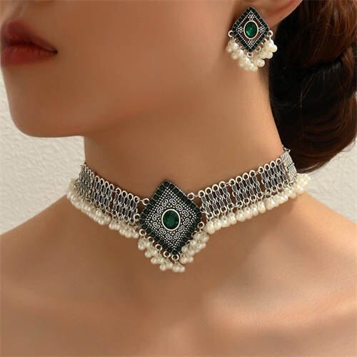 Hawaiian Beach Fashion Rhombus Design Beads Tassel Wholesale Statement Necklace and Earrings Set - Green