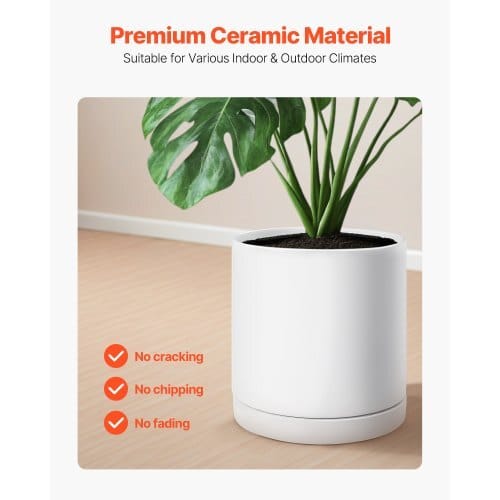 Plant Pot, 12-Inch Large Cylinder Planter with Drainage Holes, Non-Slip Pads & Detachable Saucer, Modern Ceramic Flower Pots, Indoor and Outdoor Tree Planter Pot, Home & Office Decorations